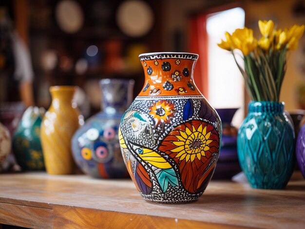 Un vaso colorato si trova su una superficie di legno con altre ceramiche colorate