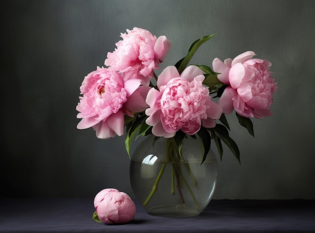 Un vaso con bellissimi fiori di peonia sul tavolo creato con la tecnologia Generative AI