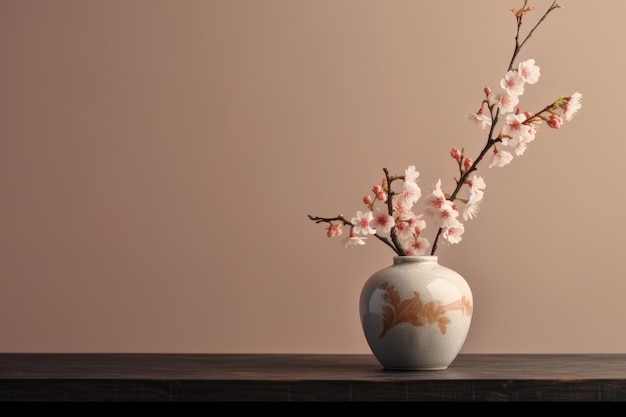 Un vaso con dei fiori con sopra scritto "fiore di ciliegio".