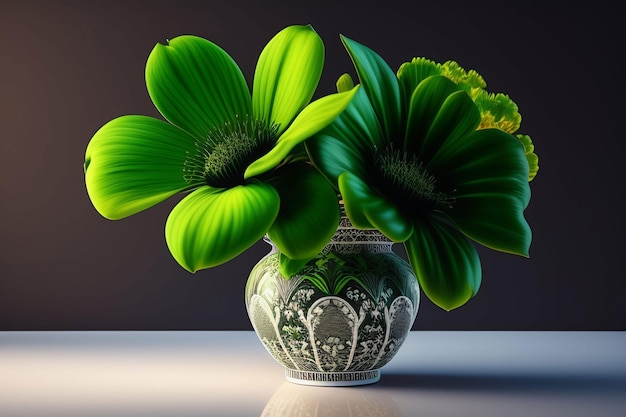 Un vaso con dei fiori dipinti di verde e bianco.