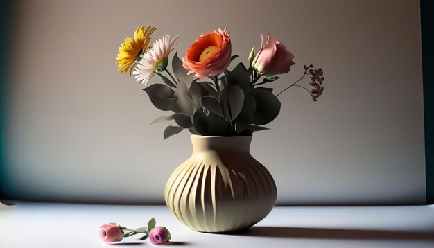 Un vaso con dei fiori e uno di loro ha un fiore rosa e arancione.