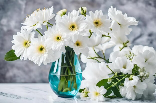 Un vaso con fiori bianchi e steli verdi.