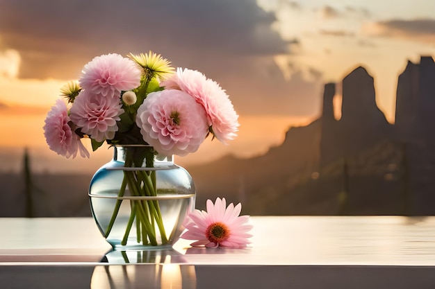 un vaso con fiori dentro e un tramonto sullo sfondo