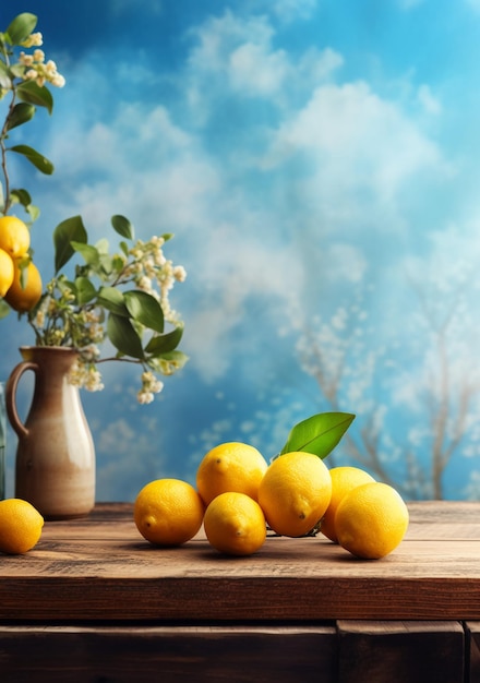 Un vaso con fiori e limoni su un tavolo