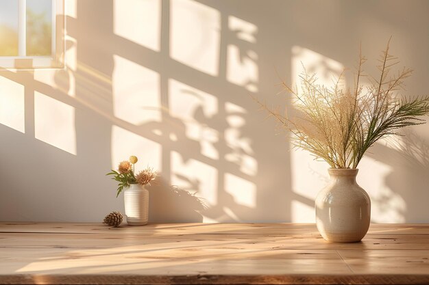 Un vaso con fiori e un cono di pino su un tavolo in una stanza con la luce solare che entra dalla finestra