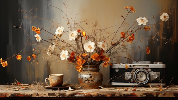 un vaso con fiori e una telecamera su un tavolo