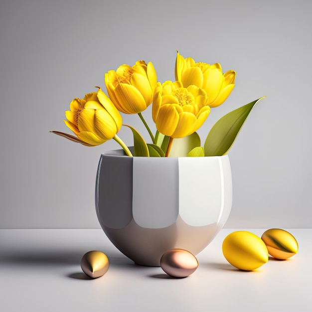 un vaso con fiori gialli e uova su di esso