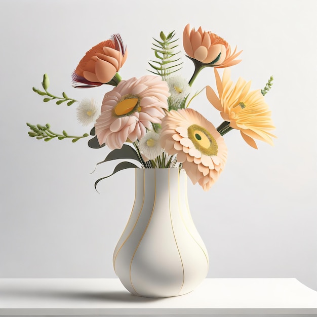 Un vaso con fiori in esso e uno sfondo bianco
