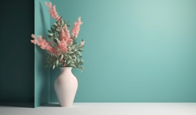 Un vaso con fiori rosa davanti a un muro blu