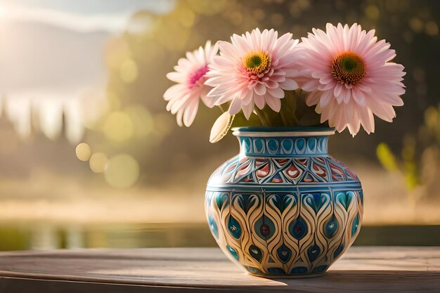 un vaso con fiori rosa e blu su un tavolo.