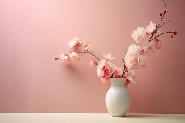 un vaso con fiori rosa sopra e un muro rosa dietro