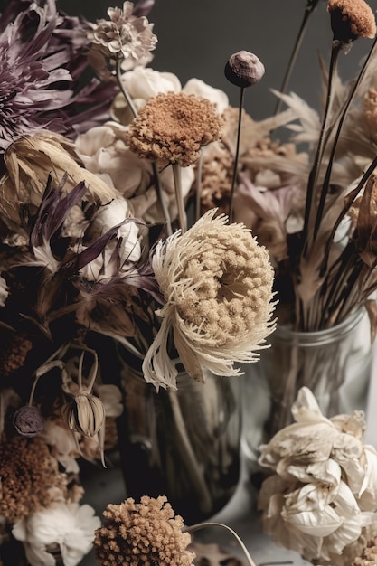 Un vaso con fiori secchi e un fiore bianco e marrone.