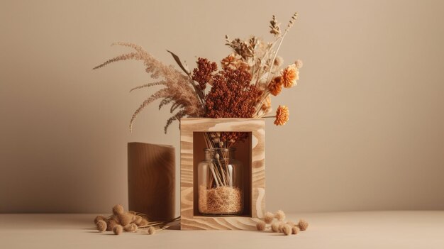 Un vaso con fiori secchi si trova su un tavolo con uno sfondo bianco.