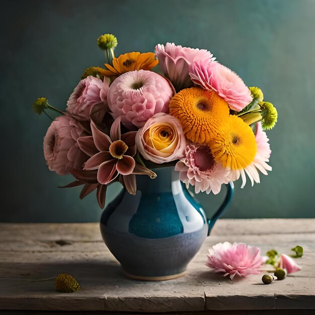 Un vaso con fiori su un tavolo di legno e una parete verde dietro.