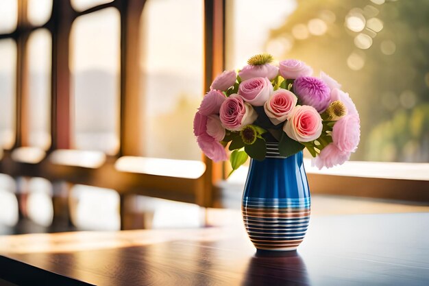 un vaso con fiori su un tavolo e una finestra sullo sfondo