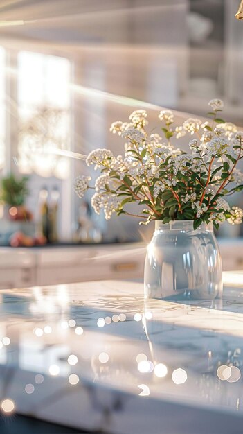 un vaso con fiori su un tavolo e una finestra sullo sfondo