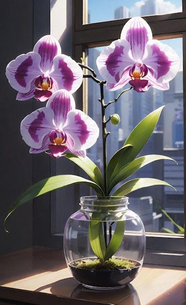 un vaso con fiori viola e bianchi e una finestra dietro