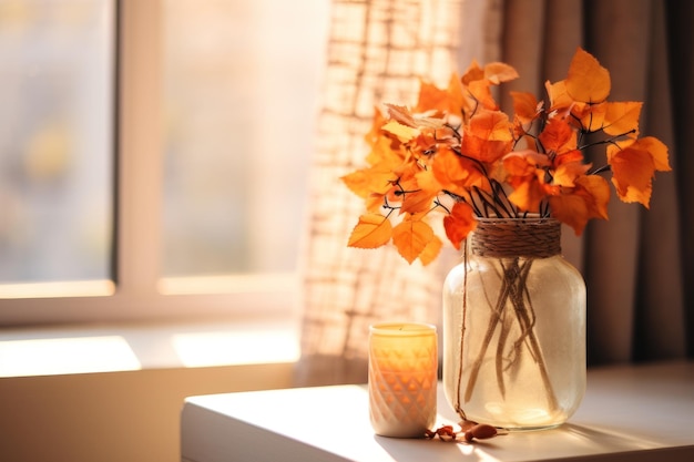 Un vaso con foglie autunnali secche e un candelabro sul davanzale della finestra
