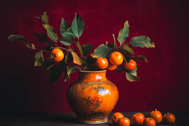 Un vaso con frutta arancione e uno sfondo rosso