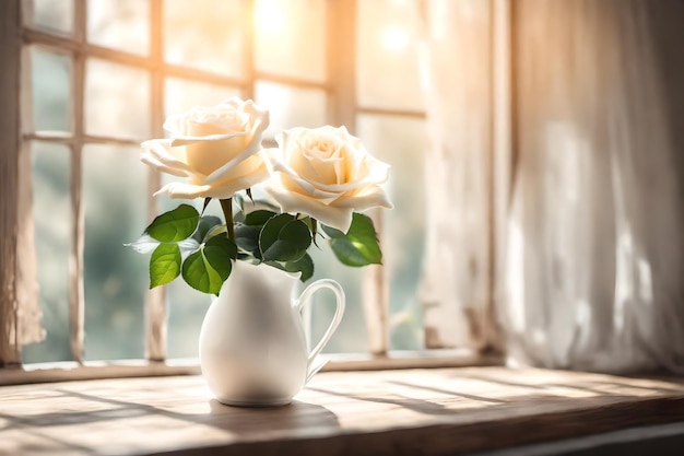 un vaso con rose su un davanzale della finestra e una finestra con il sole che splende attraverso la finestra