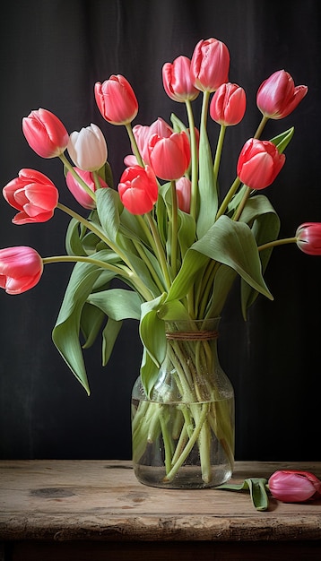 un vaso con tulipani rosa e uno sfondo nero