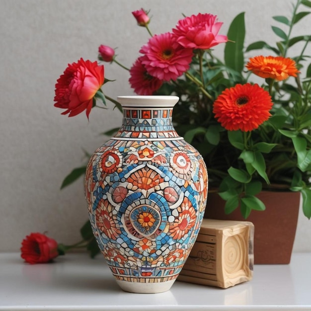 un vaso con un disegno colorato su di esso si siede su un tavolo