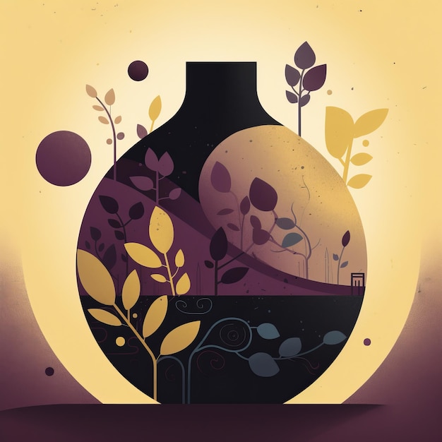 Un vaso con un'etichetta viola e gialla che dice la parola sopra