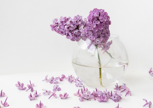 Un vaso d'acqua con fiori lilla che galleggiano dentro