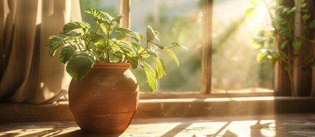 Un vaso d'argilla fatto a mano con una pianta accanto alla finestra alla luce del sole