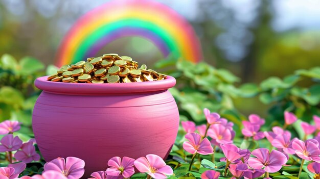 un vaso d'oro in mezzo a fiori rosa sotto un arcobaleno radiante che simboleggia la fortuna e la fortuna il giorno di San Patrizio