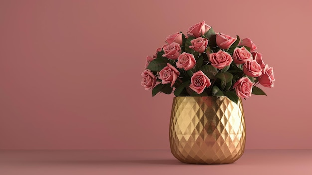 Un vaso d'oro trabocca di delicate rose rosa su uno sfondo rosa morbido