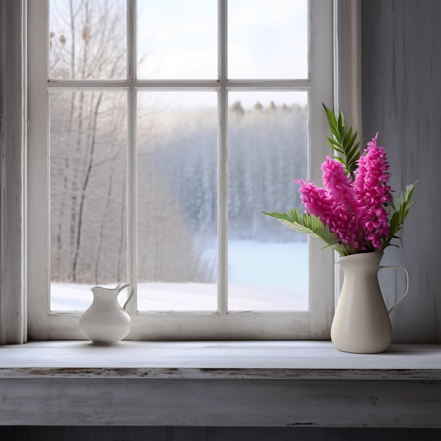Un vaso delicato adorna un'alta finestra bianca
