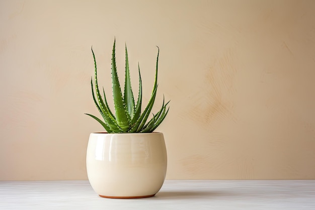 Un vaso di aloe vera su una parete beige vista di fronte