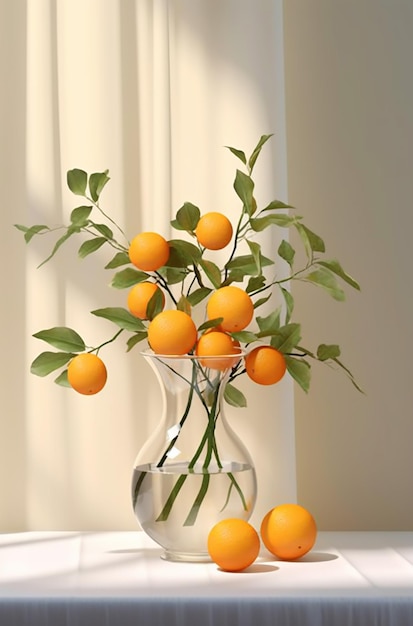 Un vaso di arance con foglie e un vaso d'acqua