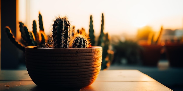 Un vaso di cactus con un tramonto sullo sfondo