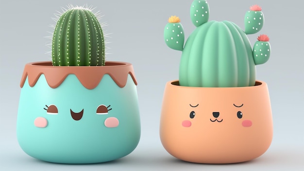 Un vaso di cactus dei cartoni animati con una faccia carina è accanto a un cactus.