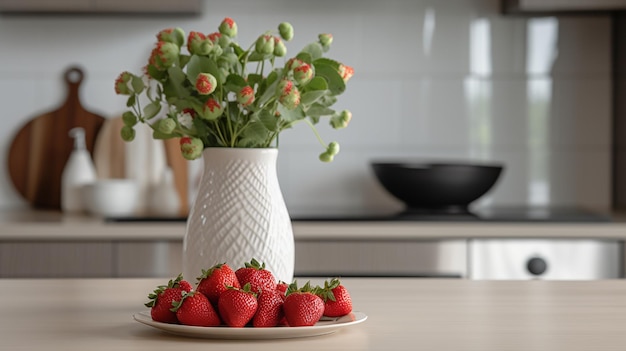 Un vaso di ceramica bianca con sopra una ciotola di fragole si trova su un bancone della cucina.