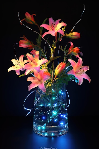 Un vaso di fiori con luci sul fondo