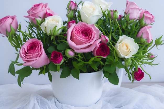 Un vaso di fiori con rose rosa e bianche