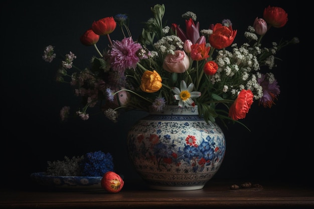 Un vaso di fiori con sopra un fiore rosso e blu