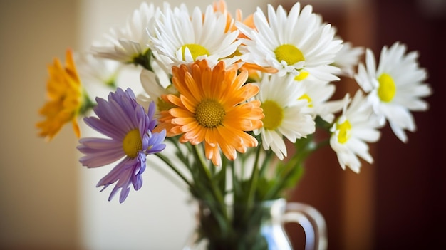 Un vaso di fiori con sopra uno viola.