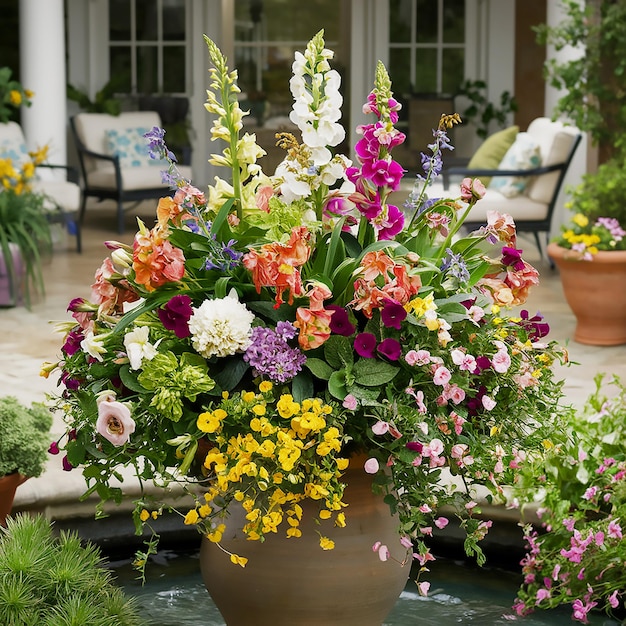 un vaso di fiori con un grande vaso di flori sul tavolo