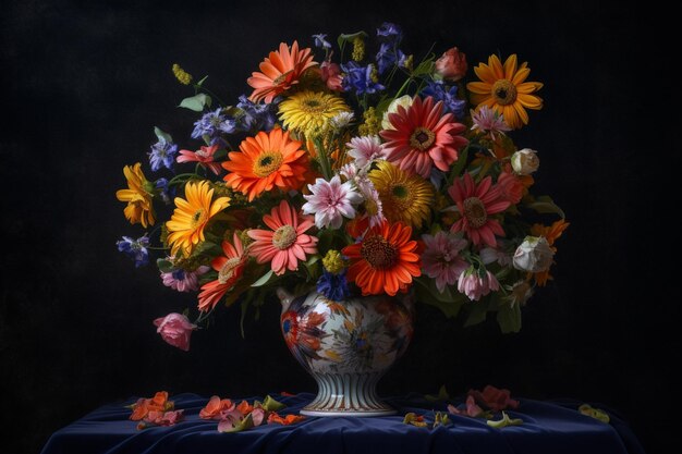 Un vaso di fiori con uno sfondo blu e un fiore colorato al centro.