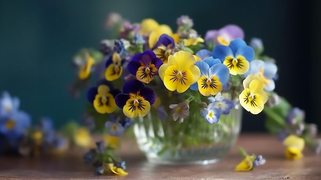 Un vaso di fiori con viole del pensiero blu e gialle sul tavolo.