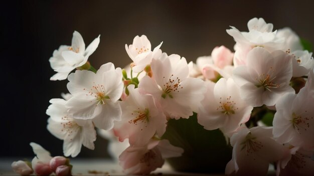 Un vaso di fiori di ciliegio su uno sfondo scuro