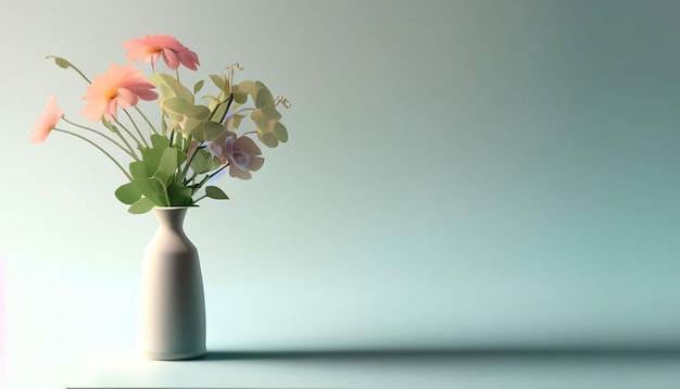 Un vaso di fiori è in uno sfondo blu.