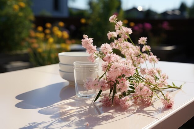 un vaso di fiori è posto sul tavolo fotografia professionale