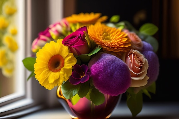 Un vaso di fiori è su un davanzale con un vaso in feltro viola e giallo.