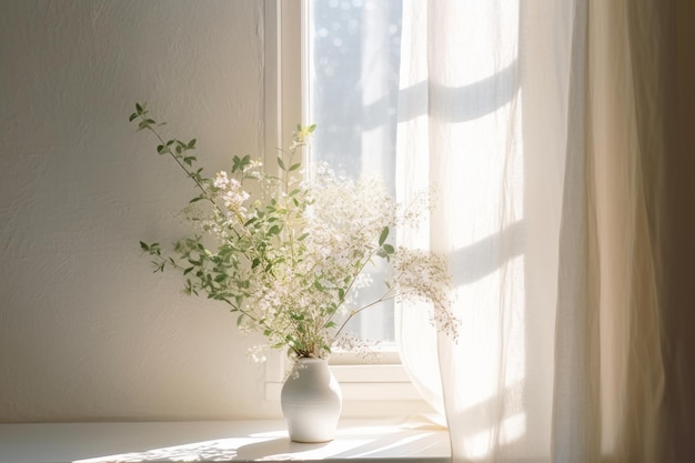 Un vaso di fiori è su un tavolo vicino a una finestra.