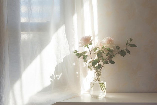 Un vaso di fiori è sul davanzale di una finestra con una tenda bianca.